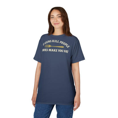''Forks Make You Fat", Unisex T-shirt (Union Army Blue)