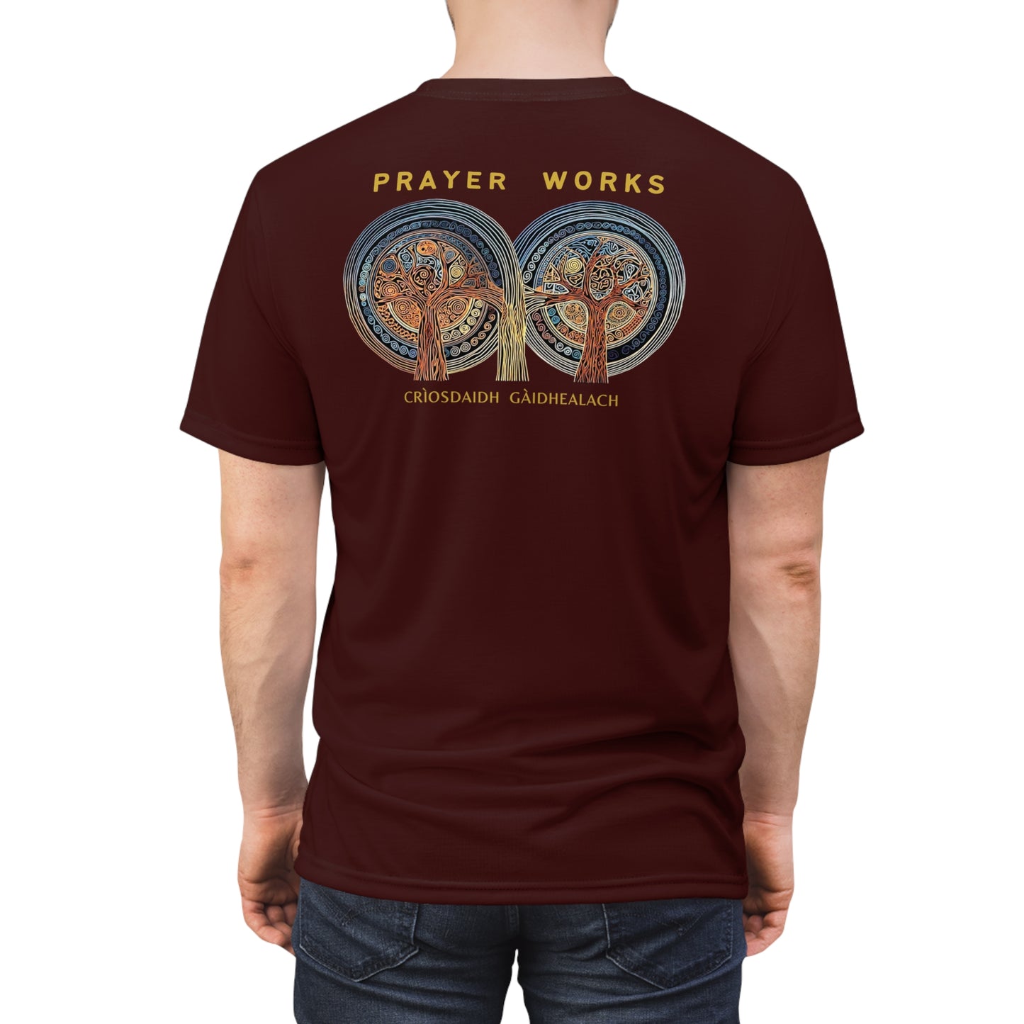 "Prayer Works – Gaelic Christian", Wearable Fine Art Unisex T-shirt (Mahogany)
