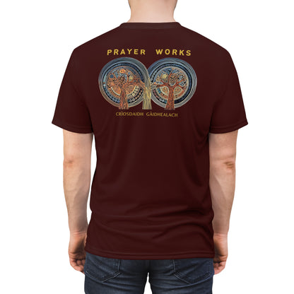 "Prayer Works – Gaelic Christian", Wearable Fine Art Unisex T-shirt (Mahogany)