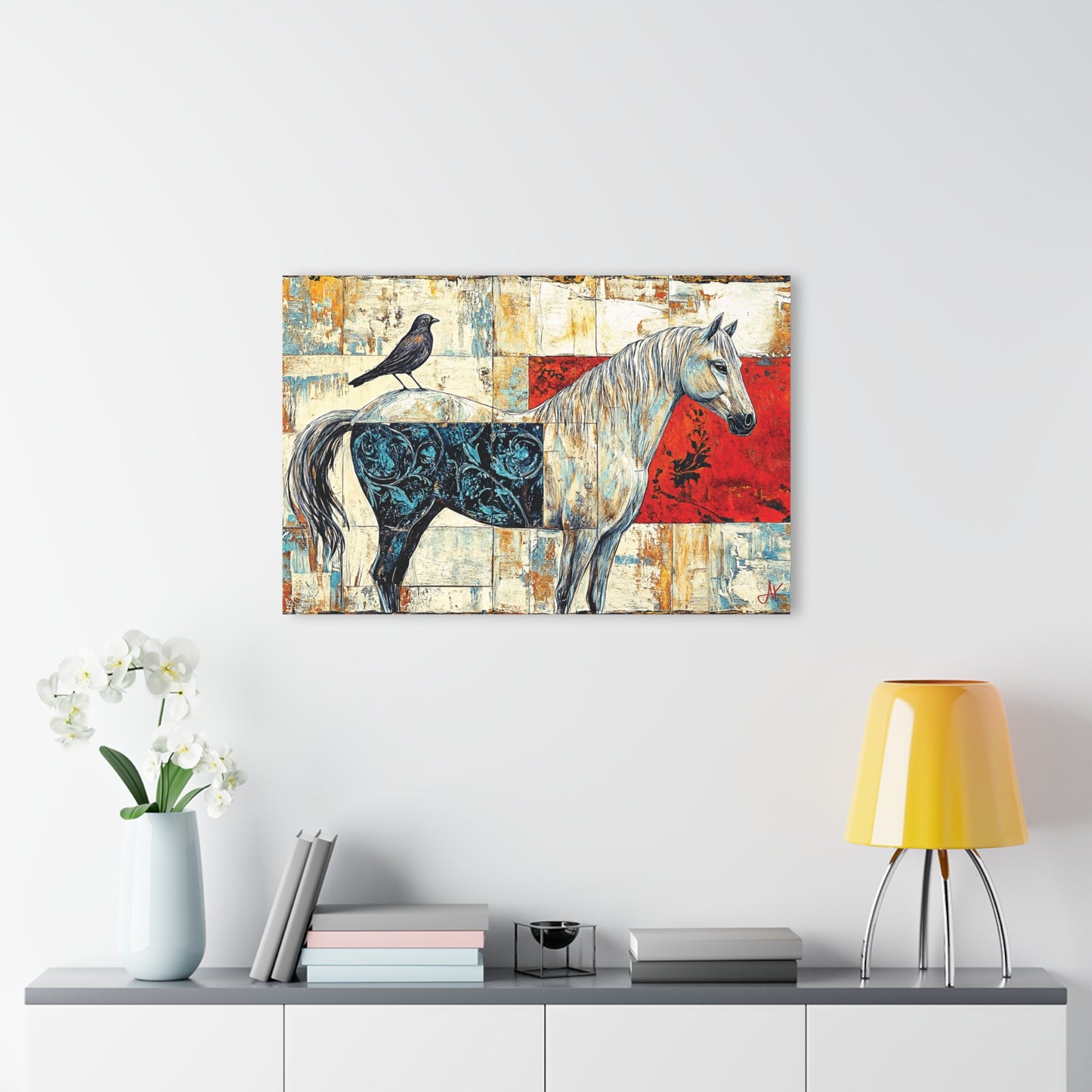 "Series: White Horse with Bird #01", Fine Art Acrylic Wall Prints (French Cleat Hanging)