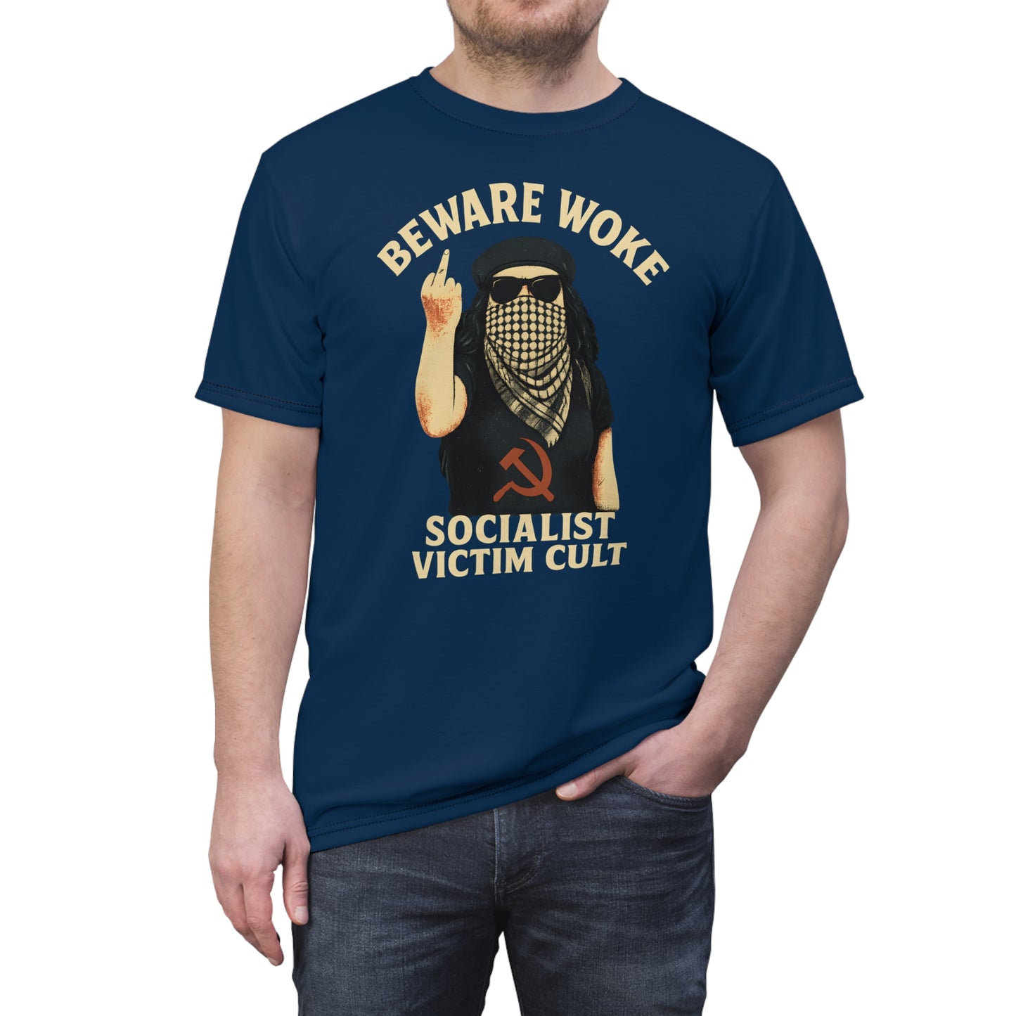"Beware Woke - Voltaire", Wearable Art Unisex T-shirt (Höpfner Blue)