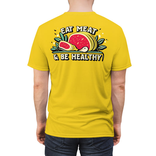 "Eat Meat & Be Healthy", Unisex T-shirt (Gold Yellow)