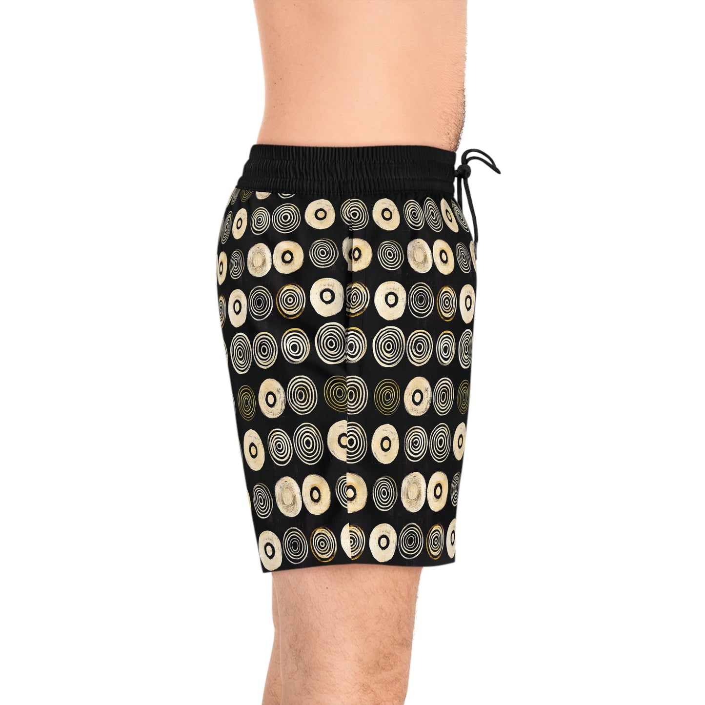 "Punk Polka", Men's Mid-Length Swim Shorts (Plain Black Cuffs)