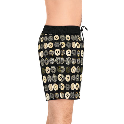 "Punk Polka", Men's Mid-Length Swim Shorts (Plain Black Cuffs)