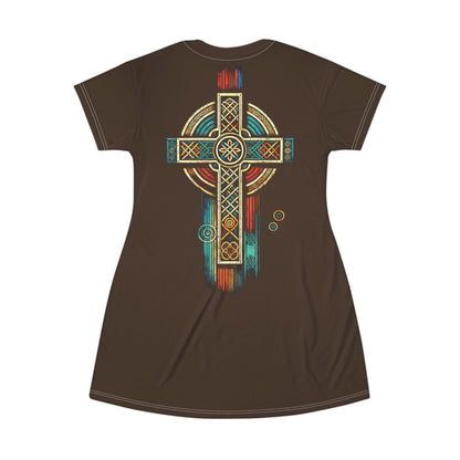 "Ancestral Faith", Wearable Art T-Shirt Dress (Dark Chocolate Brown)