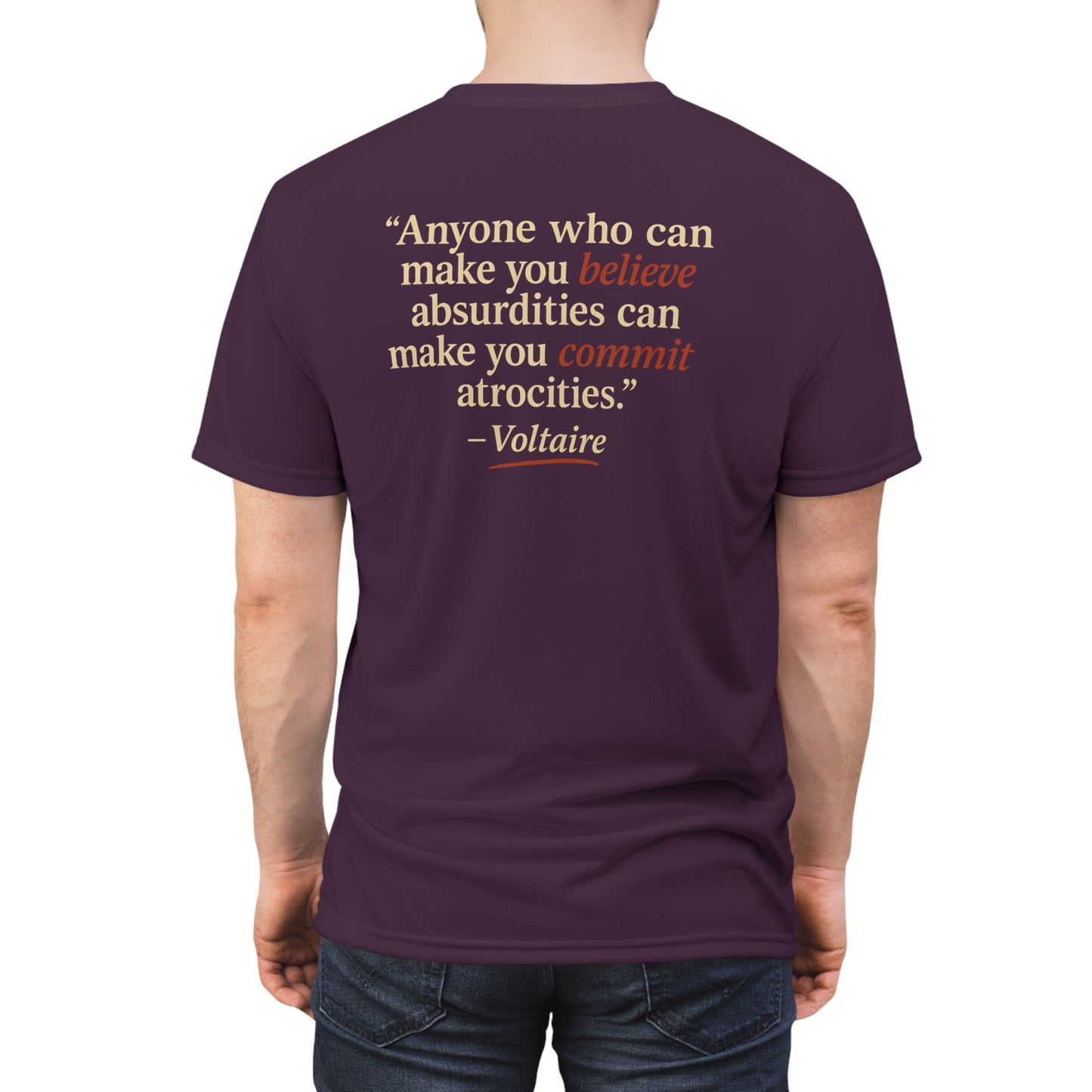 "Beware Woke - Voltaire", Wearable Art Unisex T-shirt (Blackberry Wine)