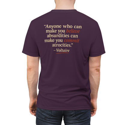 "Beware Woke - Voltaire", Wearable Art Unisex T-shirt (Blackberry Wine)