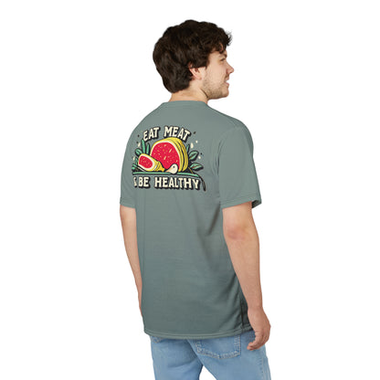 "Eat Meat & Be Healthy", Unisex T-shirt (Hebridean Flint)