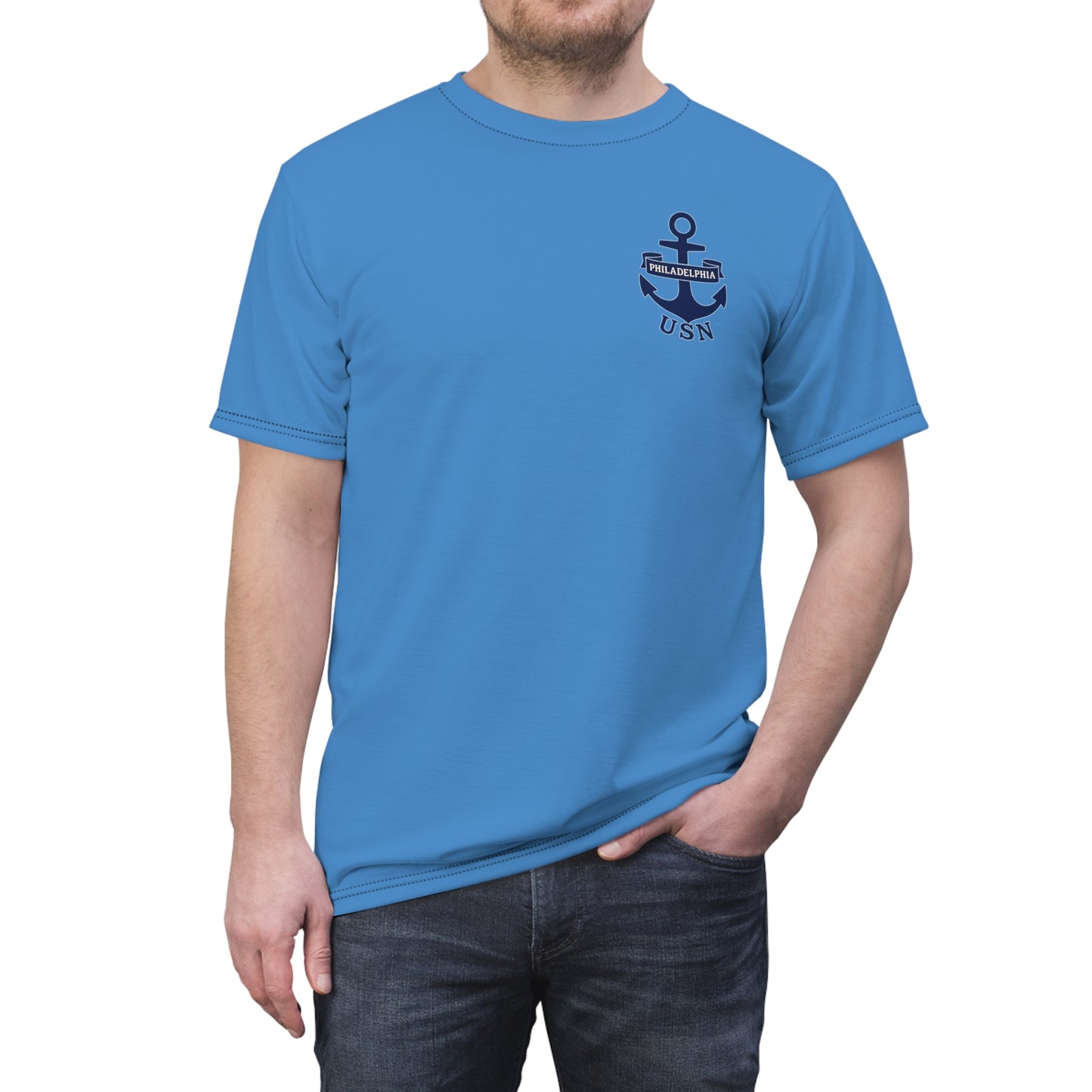 "USN Anchor", Unisex T-shirt (Pop Cyan-Atlantic Blue)