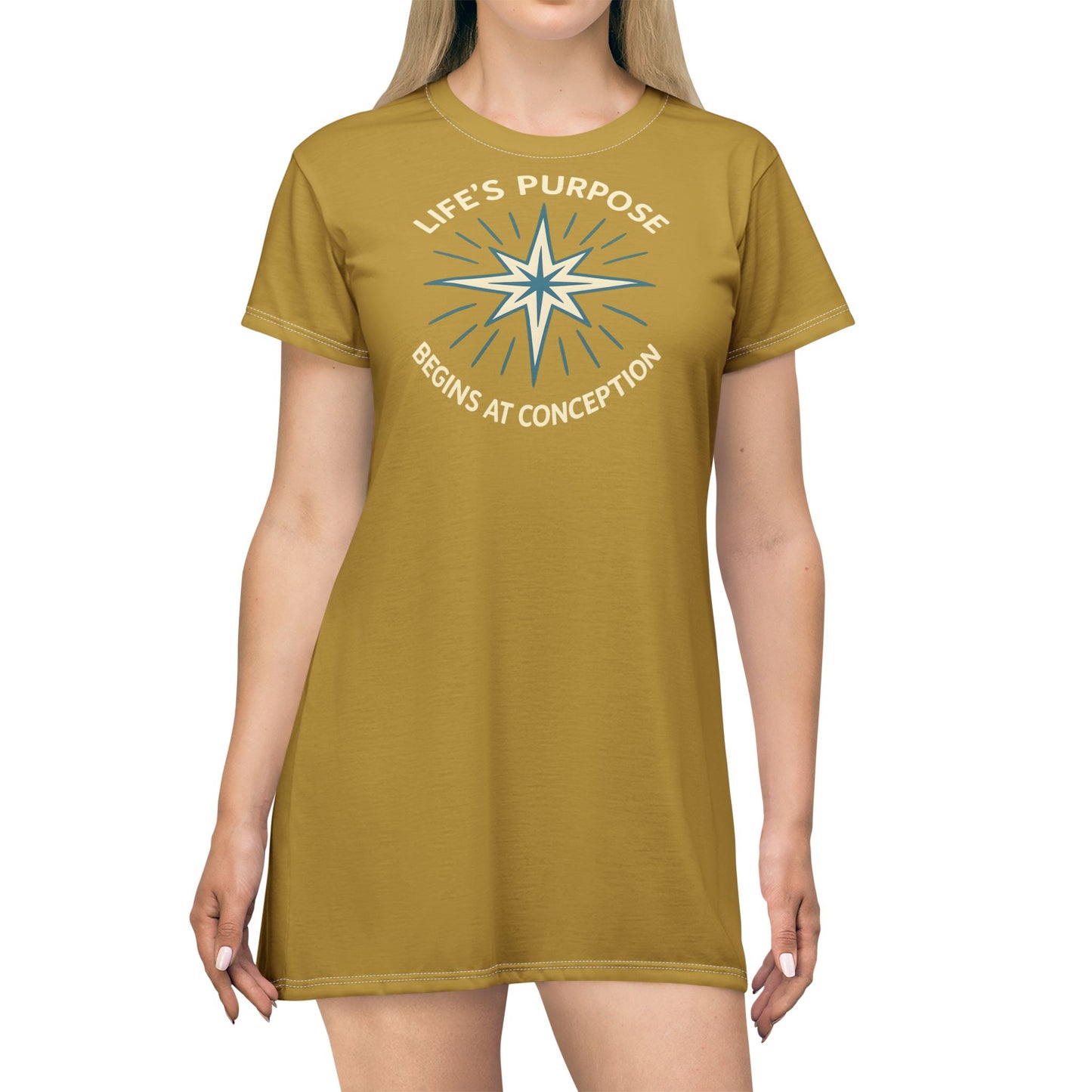 "Life's Purpose Begins at Conception #01", T-Shirt Dress (Crispy Gold)