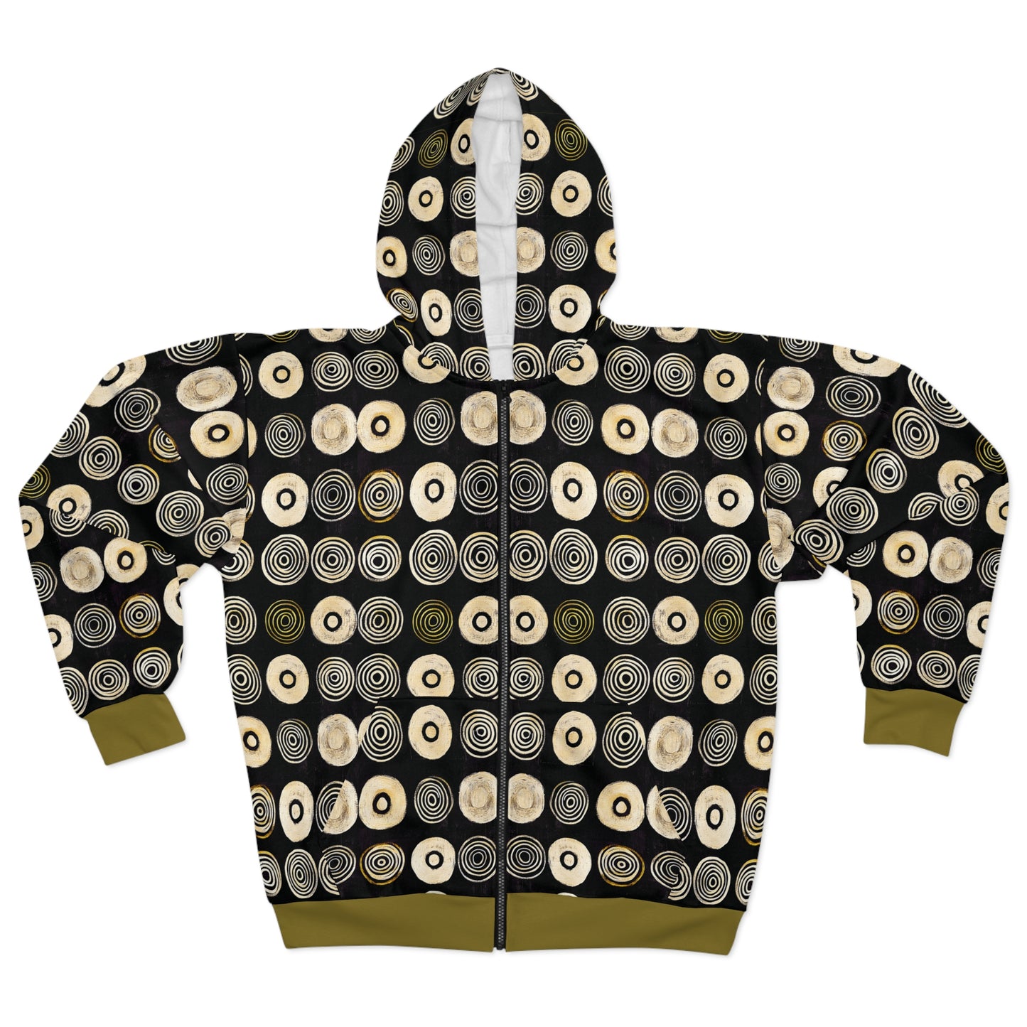 "Punk Polka", Wearable Pattern Art Unisex Zip Hoodie (Soft Fig Green Cuffs)