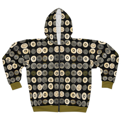 "Punk Polka", Wearable Pattern Art Unisex Zip Hoodie (Soft Fig Green Cuffs)