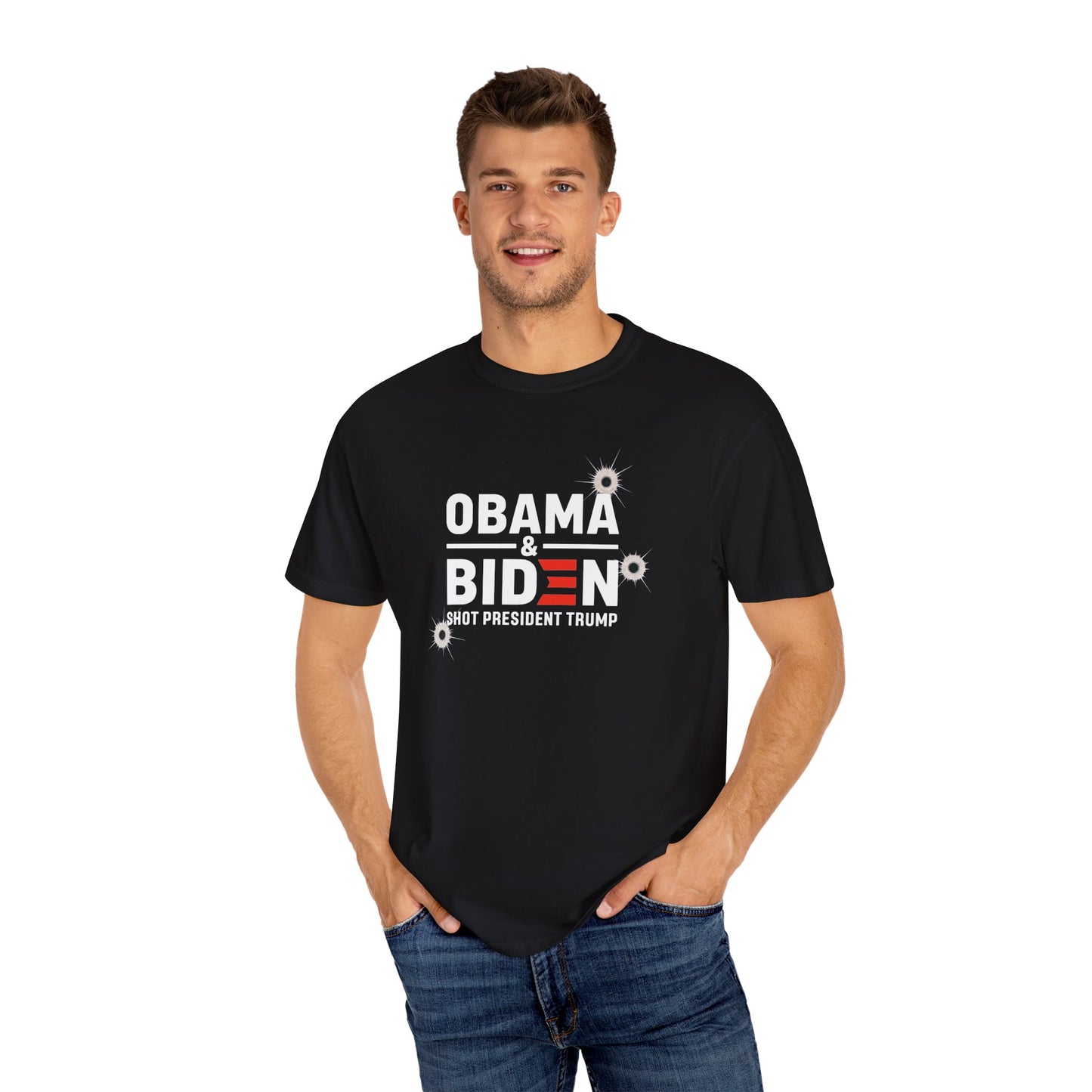 "Obama & Biden Shot President Trump", Unisex Black T-shirt