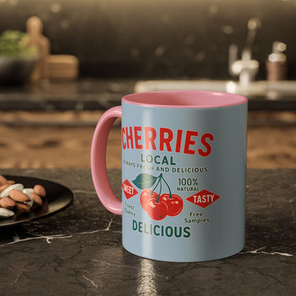 "Delicious Cherries", Colorful Mugs (11oz, 15oz) (Retro Sky)