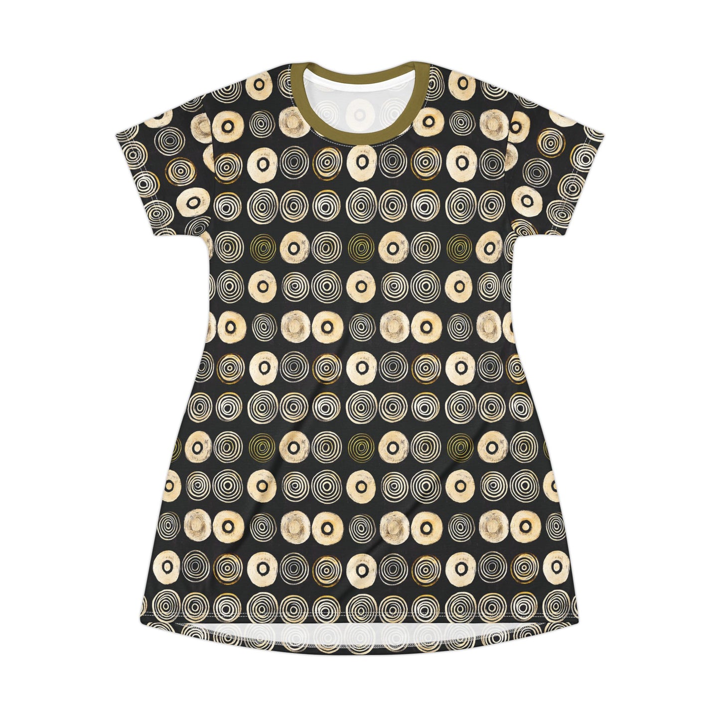 "Punk Polka", Wearable Pattern Art T-Shirt Dress (Soft Fig Green Collar)