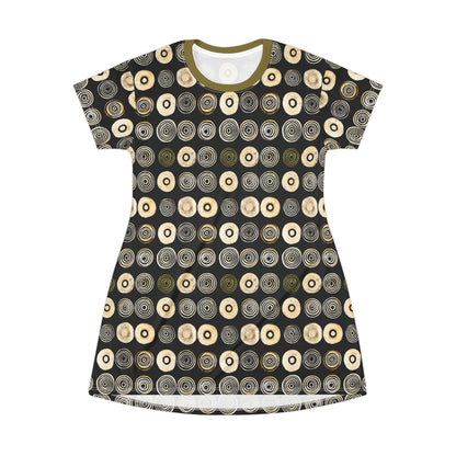 "Punk Polka", Wearable Pattern Art T-Shirt Dress (Soft Fig Green Collar)