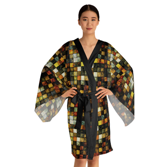 "Wood Block Pattern" #01, Long Sleeve Kimono Robe
