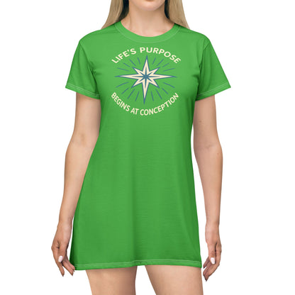 "Life's Purpose Begins at Conception #01", T-Shirt Dress (Lime Green)