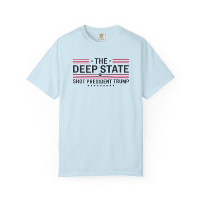 "The Deep State Shot President Trump" #02, Unisex White T-shirt