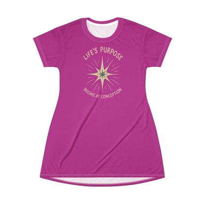 "Life's Purpose Begins at Conception #02", T-Shirt Dress (Prairie Foxglove)