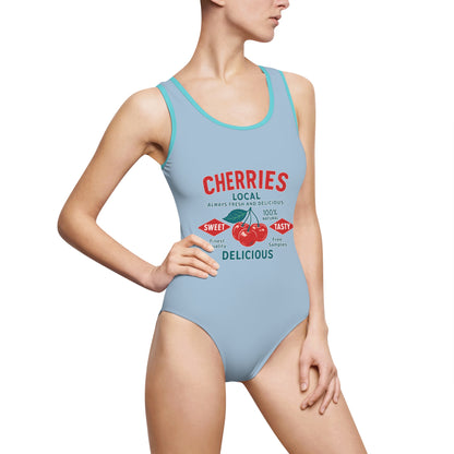 "Delicious Cherries", Women's Classic One-Piece Swimsuit (Retro Sky)