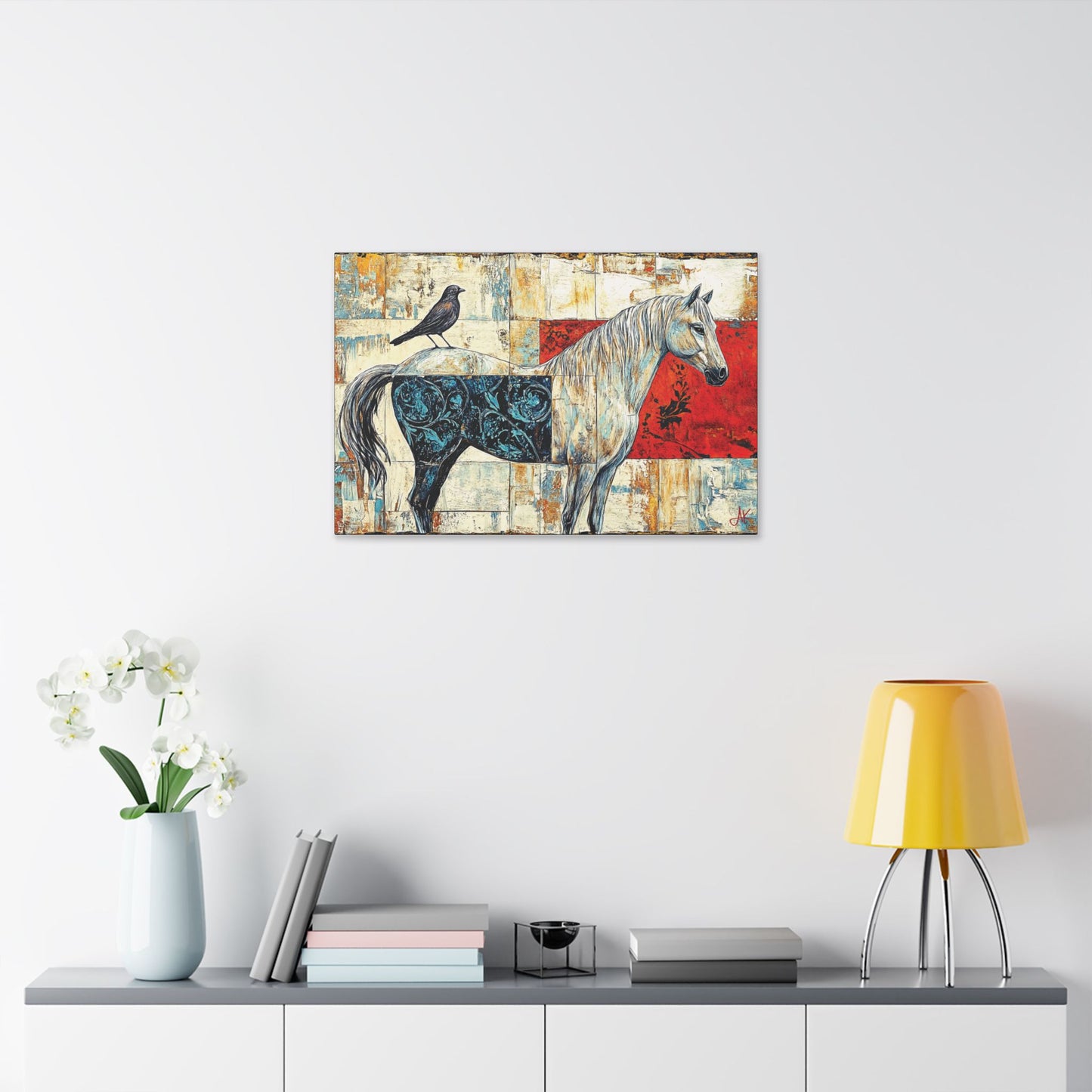 "Series: White Horse with Bird #01", Stretched Classic Canvas Fine Art Print