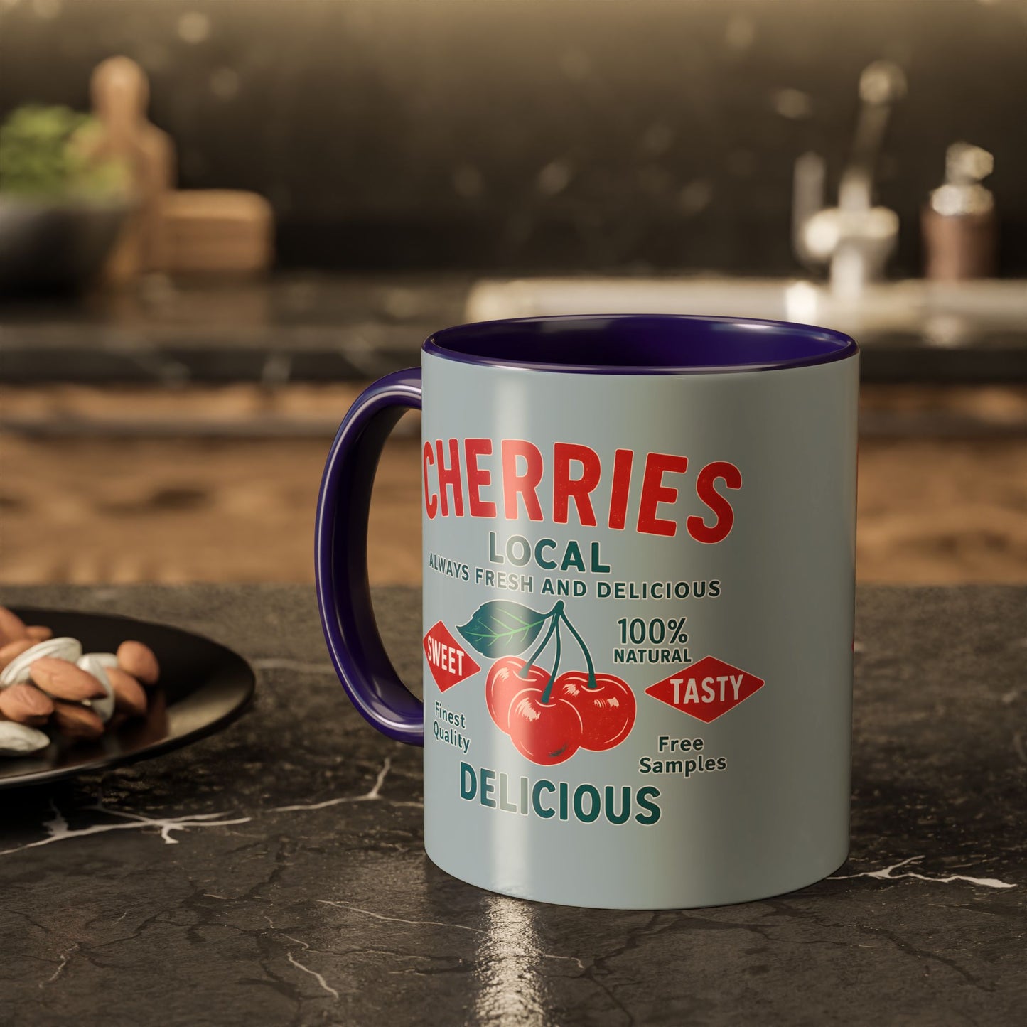 "Delicious Cherries", Colorful Mugs (11oz, 15oz) (Washed Silver-Blue)