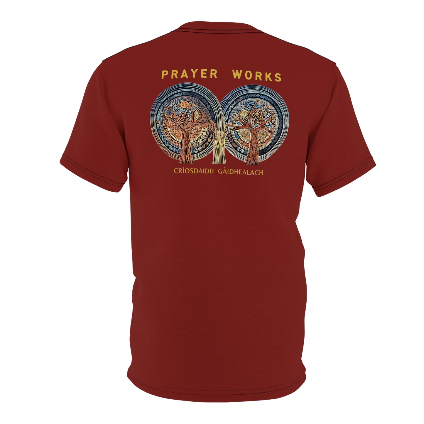 "Prayer Works – Gaelic Christian", Wearable Fine Art Unisex T-shirt (Emberline Red)