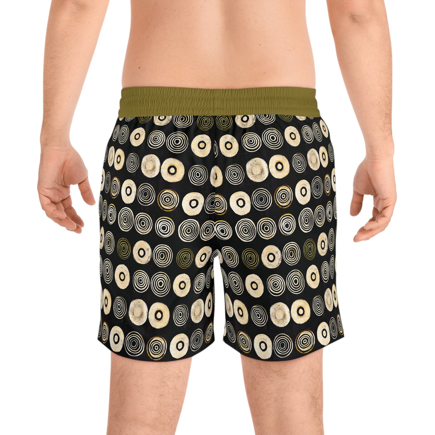 "Punk Polka", Men's Mid-Length Swim Shorts (Soft Fig Green Cuffs)