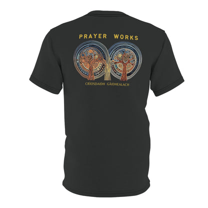 "Prayer Works – Gaelic Christian", Wearable Fine Art Unisex T-shirt (Dark Dùn Grey)