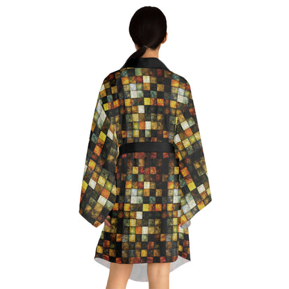 "Wood Block Pattern" #01, Long Sleeve Kimono Robe