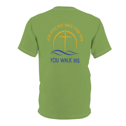 "God Does Not Walk Your Path", Unisex T-shirt (70's Light Green)