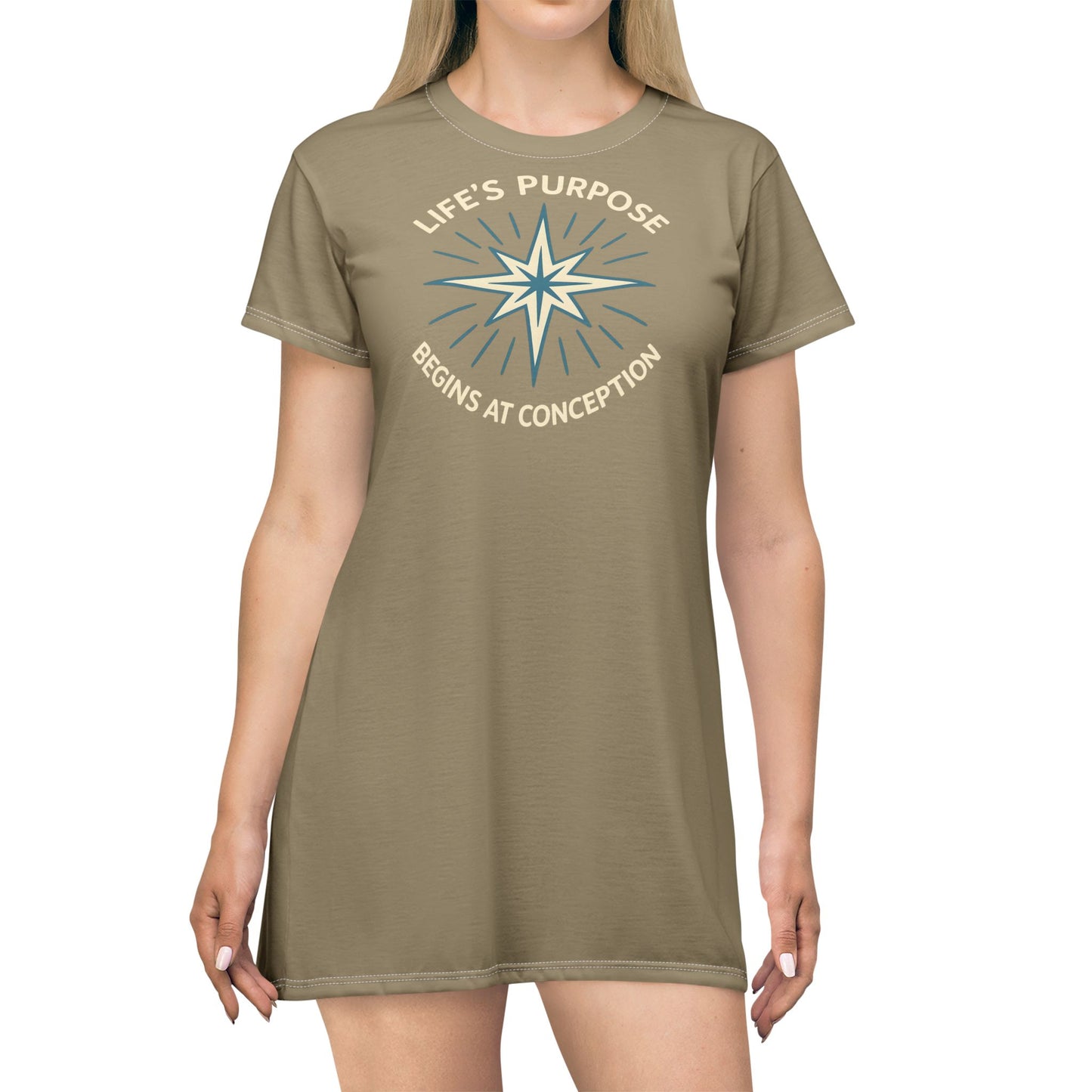 "Life's Purpose Begins at Conception #01", T-Shirt Dress (Artichoke)