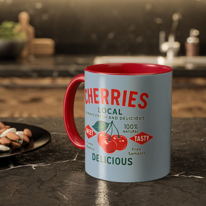 "Delicious Cherries", Colorful Mugs (11oz, 15oz) (Retro Sky)