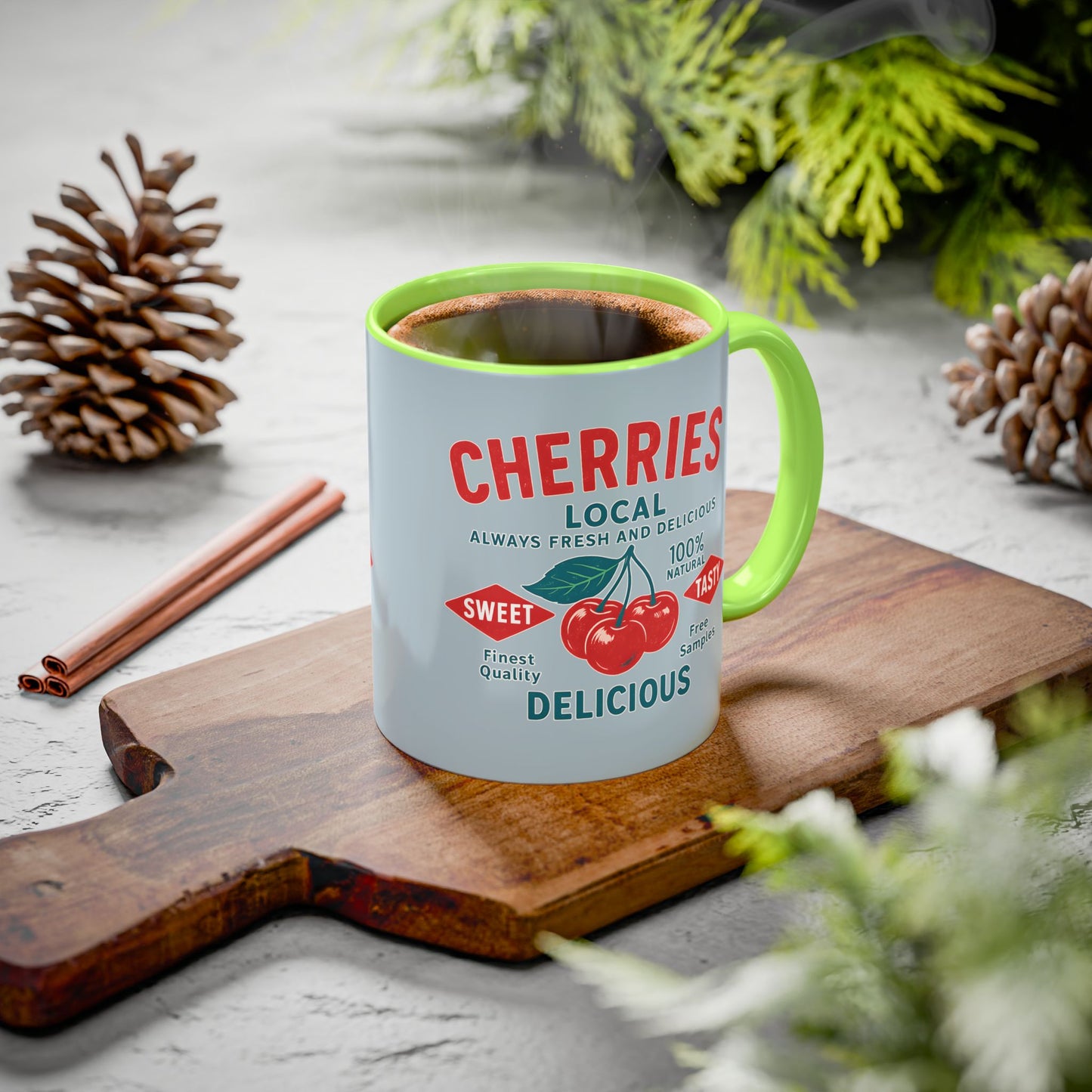 "Delicious Cherries", Colorful Mugs (11oz, 15oz) (Washed Silver-Blue)