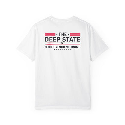 "The Deep State Shot President Trump" #02, Unisex White T-shirt