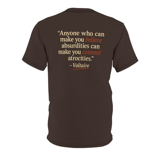 "Beware Woke - Voltaire", Wearable Art Unisex T-shirt (Skilandis Brown)