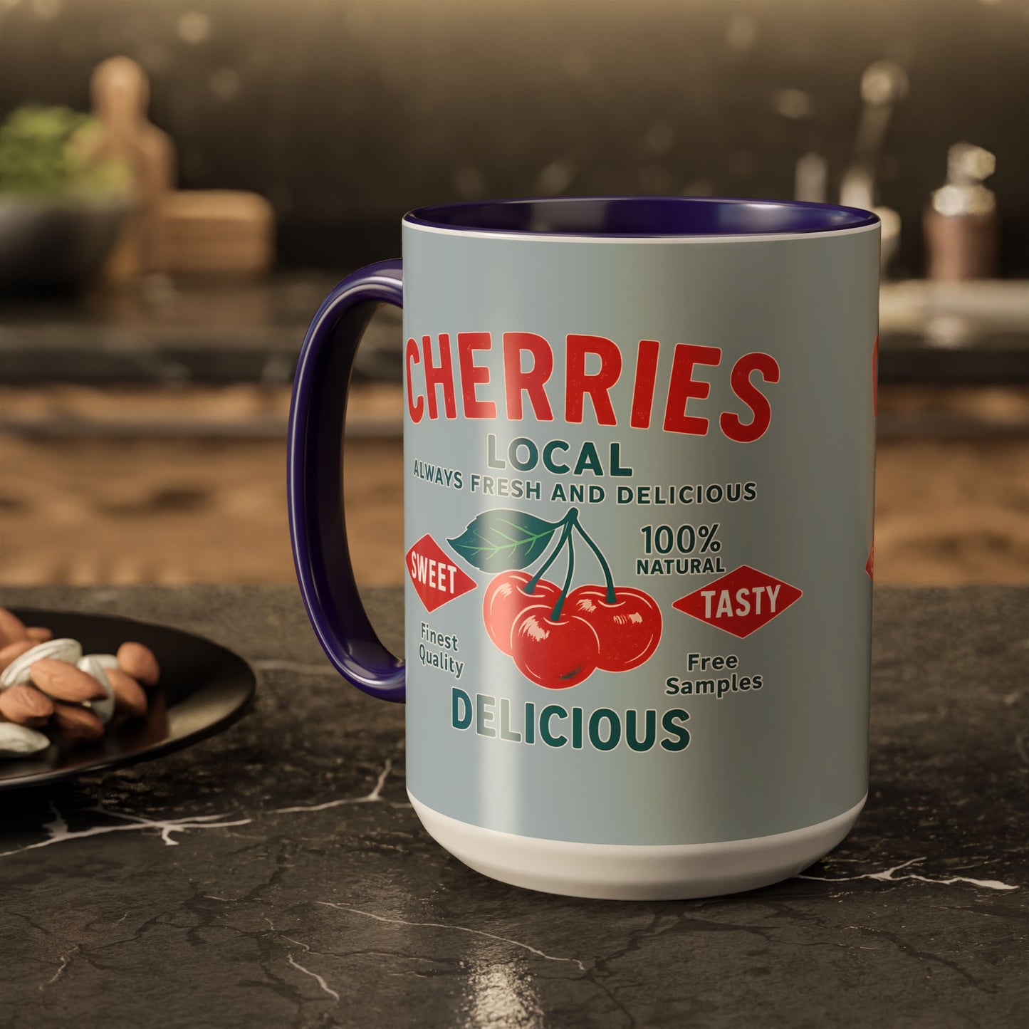 "Delicious Cherries", Colorful Mugs (11oz, 15oz) (Washed Silver-Blue)