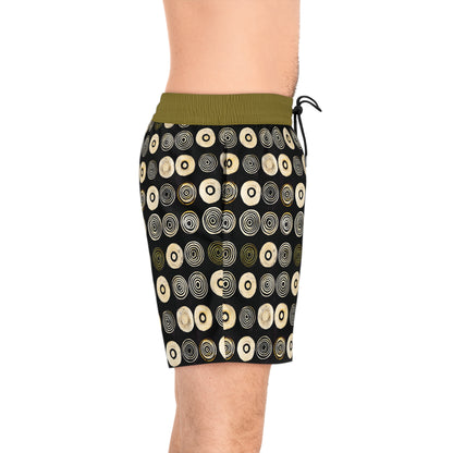 "Punk Polka", Men's Mid-Length Swim Shorts (Soft Fig Green Cuffs)