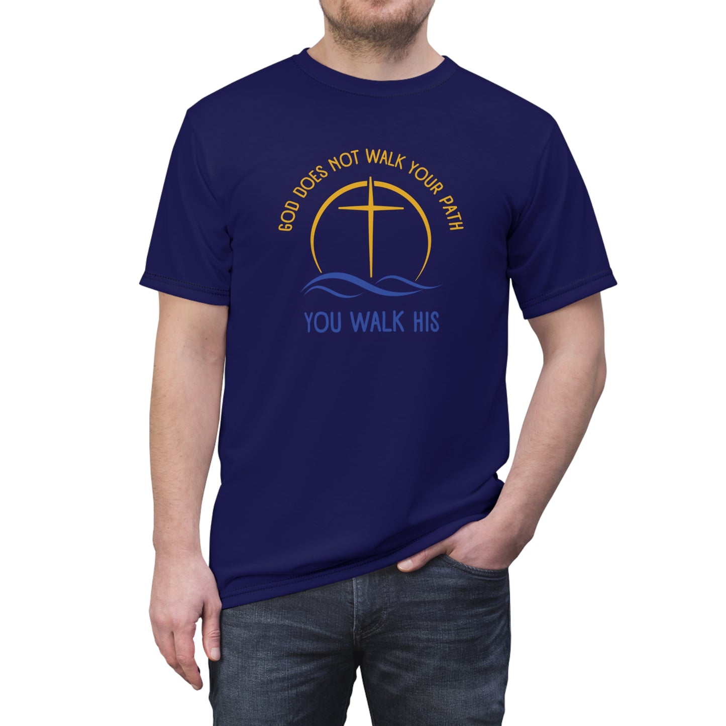 "God Does Not Walk Your Path", Unisex T-shirt (Obsidian Blue)