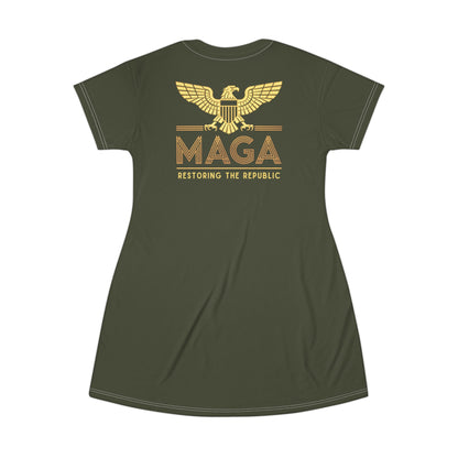 "MAGA - Restoring the Republic", T-Shirt Dress (Dark Olive Green)
