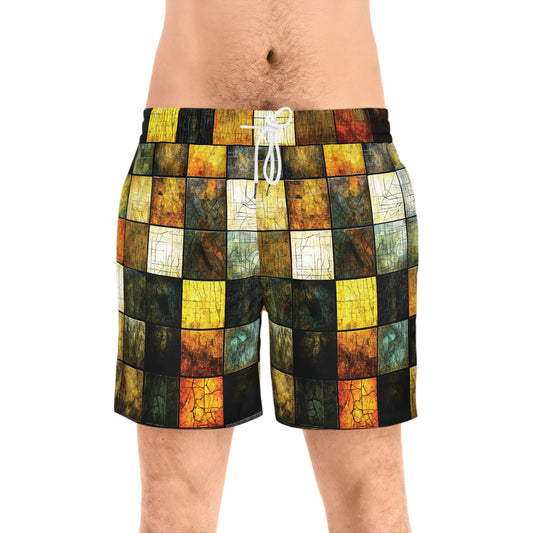 "Wood Block Pattern" #01, Men's Mid-Length Swim Shorts
