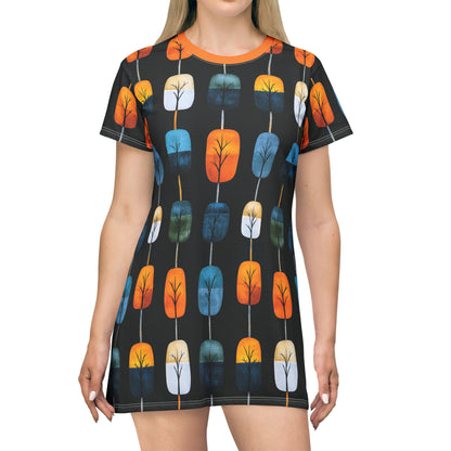 "Skyroot Grove", T-Shirt Dress (Flame Orange Collar)