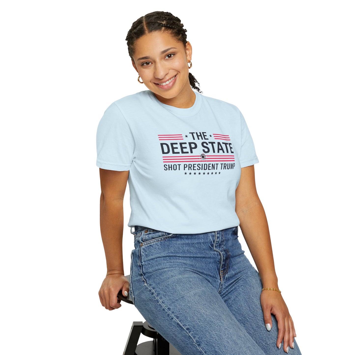 "The Deep State Shot President Trump" #02, Unisex White T-shirt