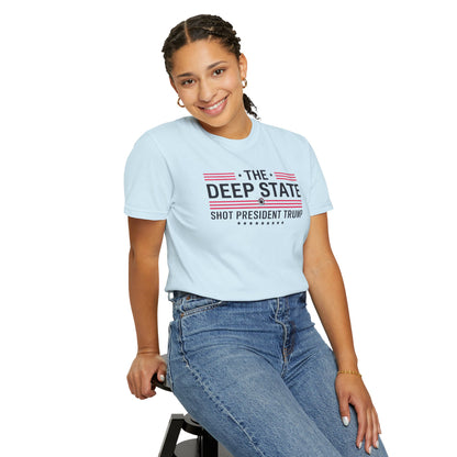 "The Deep State Shot President Trump" #02, Unisex White T-shirt