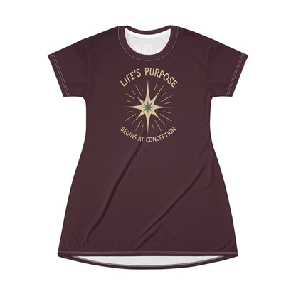 "Life's Purpose Begins at Conception #02", T-Shirt Dress (Black Raspberry)