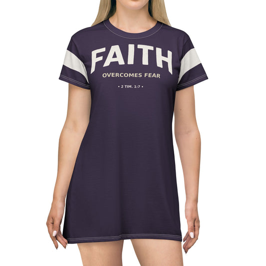 "Faith Overcomes Fear", T-Shirt Dress (Academic Purple)
