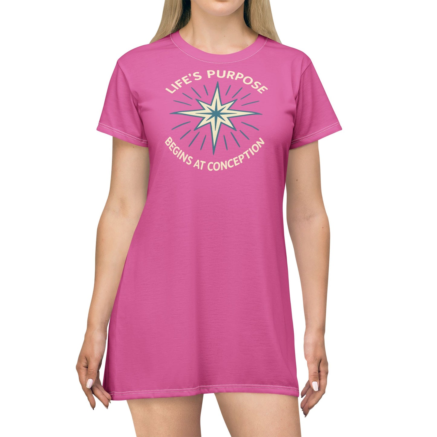 "Life's Purpose Begins at Conception #01", T-Shirt Dress (Rosy Pink)