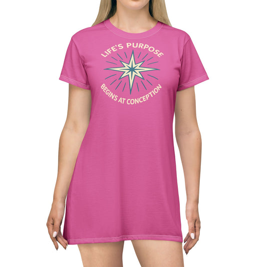 "Life's Purpose Begins at Conception #01", T-Shirt Dress (Rosy Pink)