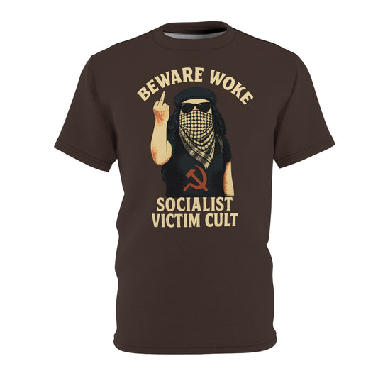 "Beware Woke - Voltaire", Wearable Art Unisex T-shirt (Skilandis Brown)